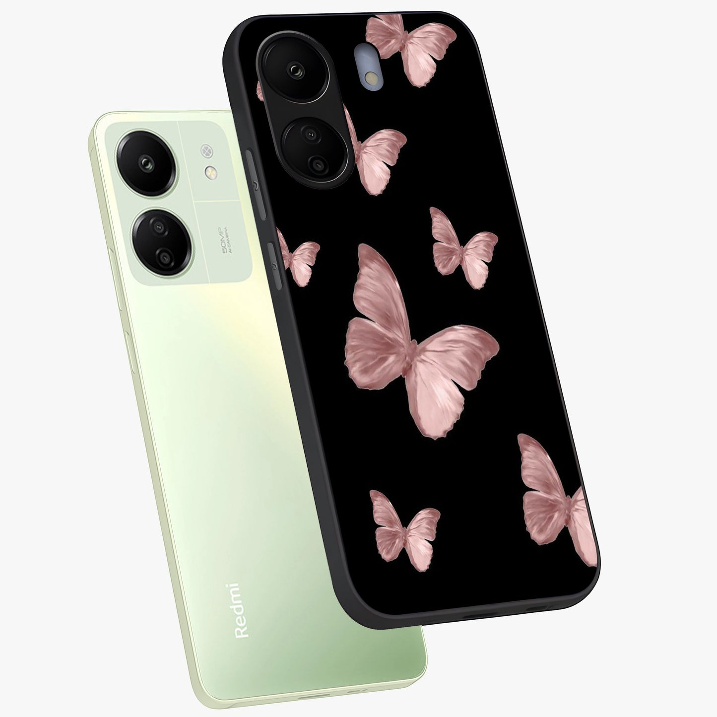 Butterfly Pattern Glass Case displayed in angled mockup highlighting delicate butterfly design and aesthetic pattern style.