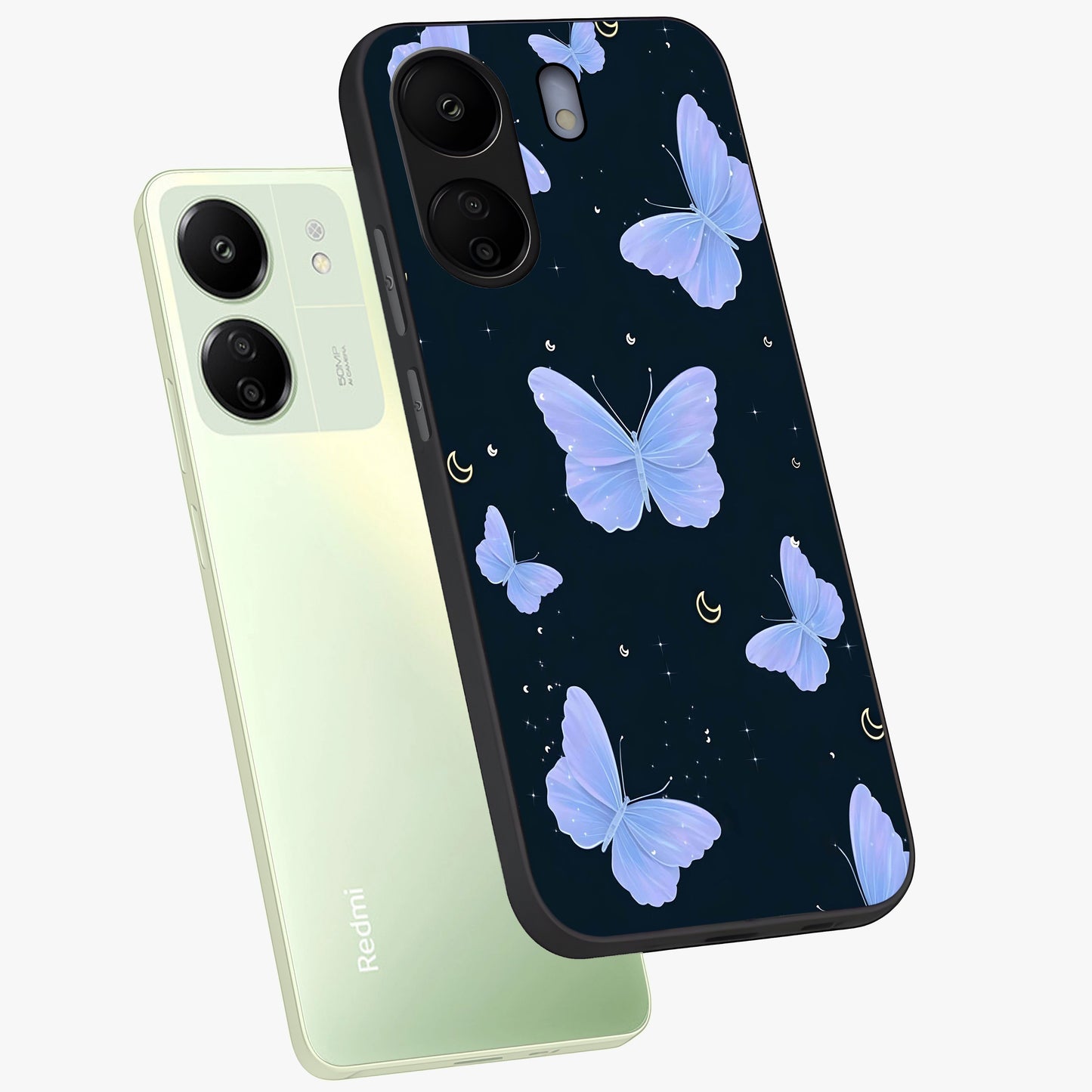 Butterfly With Stars Pattern Glass Case displayed in angled mockup highlighting dreamy butterfly and star design with aesthetic theme.