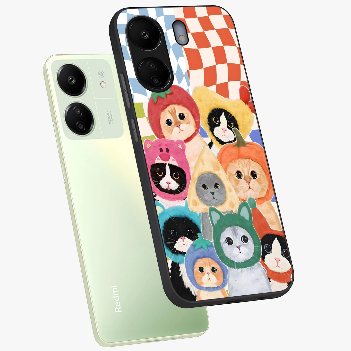 Cats in Fruits Glass Case displayed in angled mockup highlighting cute feline fruit design with colorful aesthetic style.