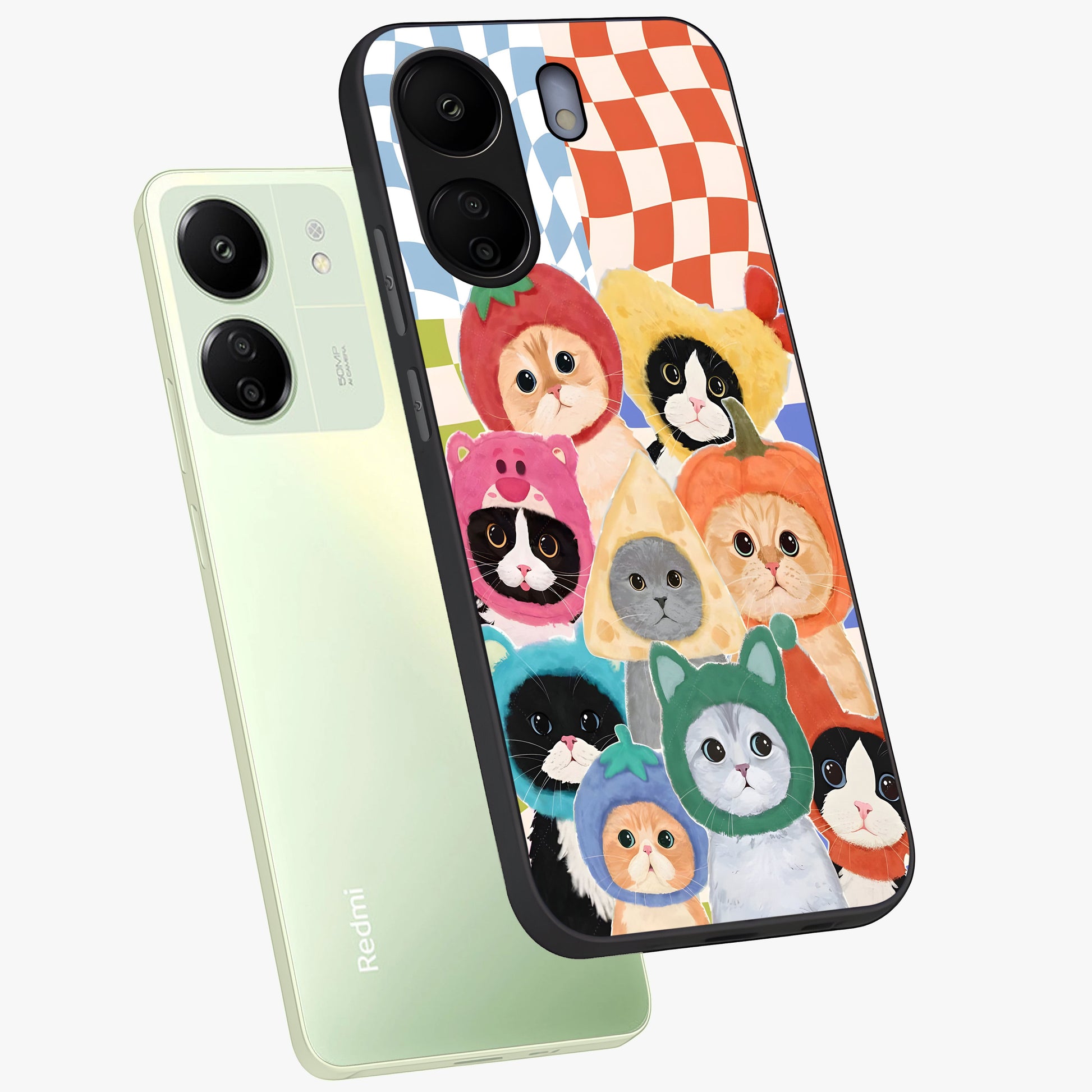 Cats in Fruits Glass Case displayed in angled mockup highlighting cute feline fruit design with colorful aesthetic style.