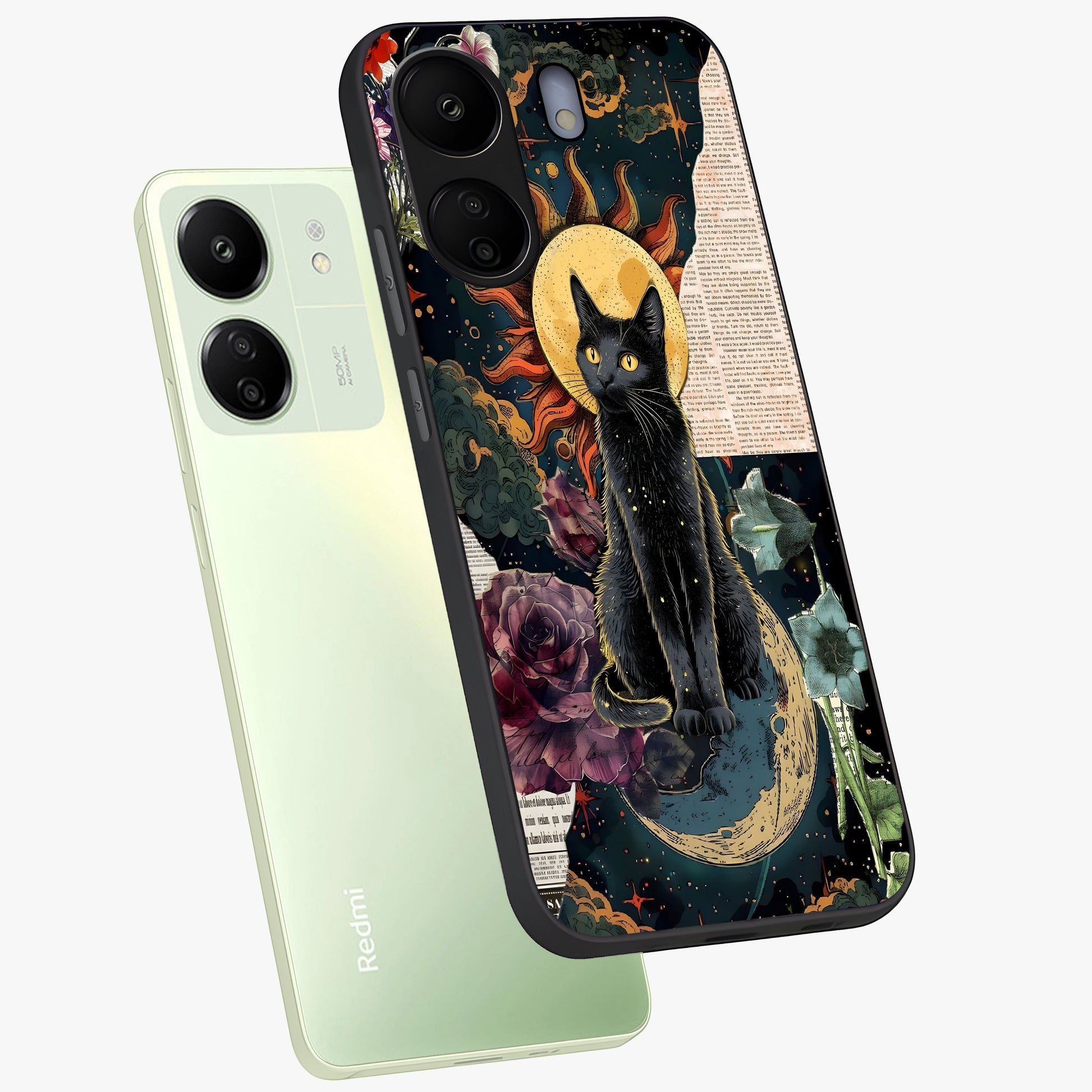 Celestial Black Cat Glass Case displayed in angled mockup highlighting cosmic black cat design with celestial aesthetic.
