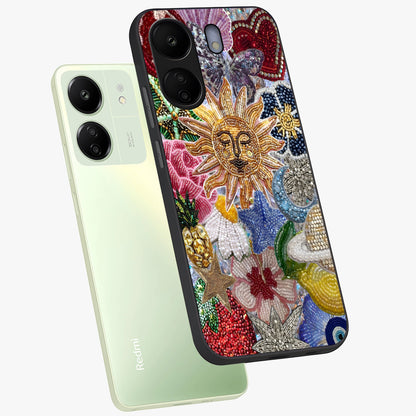 Celestial Floral and Playful Glass Case displayed in angled mockup highlighting playful floral design with dreamy celestial elements.
