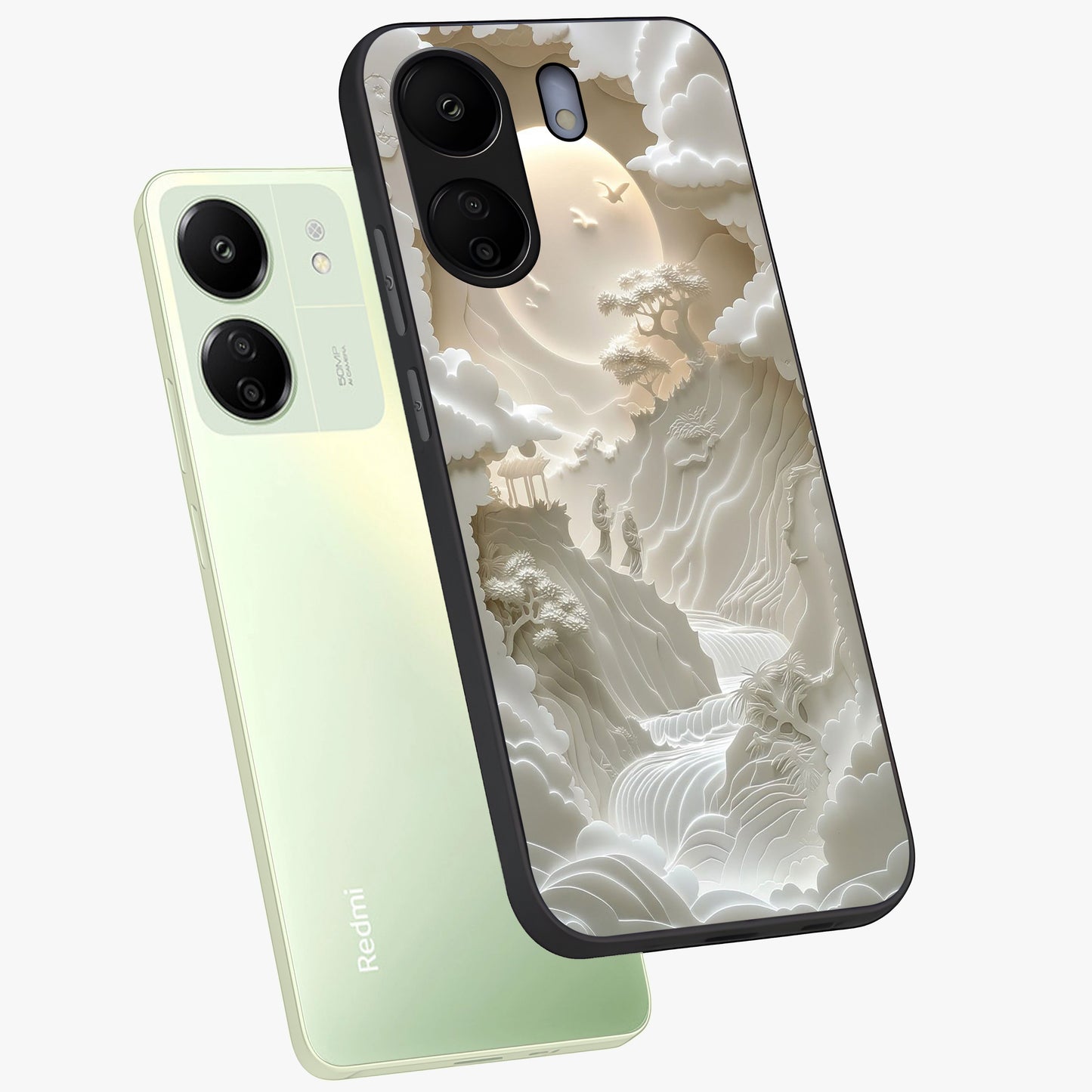Celestial Origami Glass Case displayed in angled mockup highlighting geometric origami design with cosmic aesthetic theme.