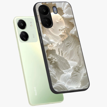Celestial Origami Glass Case displayed in angled mockup highlighting geometric origami design with cosmic aesthetic theme.