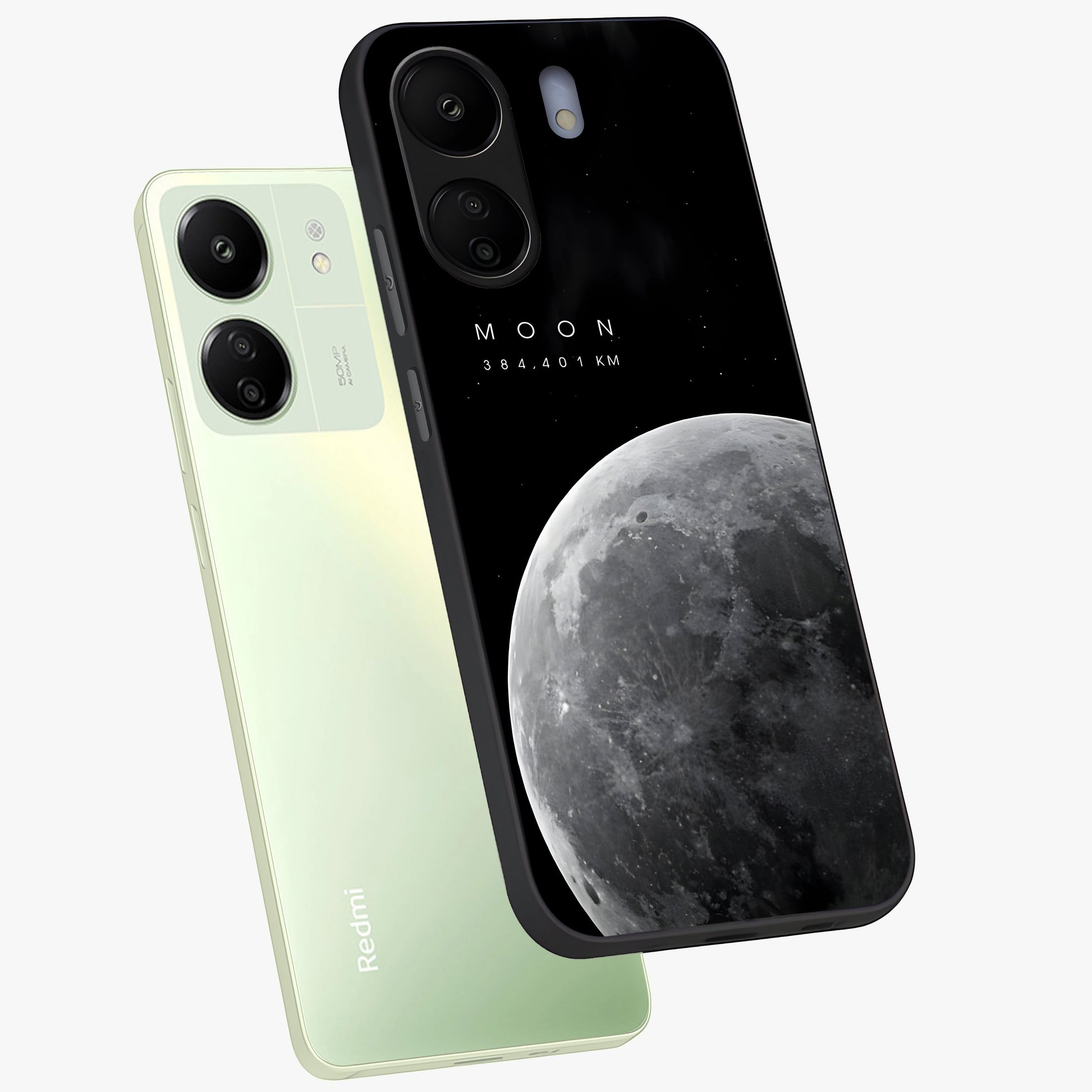 Cosmic Moon Glow Glass Case displayed in angled mockup highlighting celestial moon design with cosmic aesthetic theme.