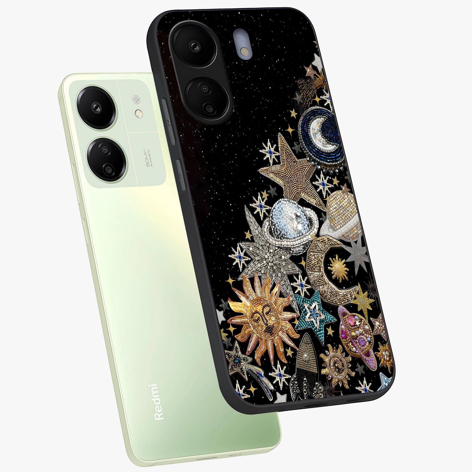 Cosmic Sparkle Dreams Glass Case displayed in angled mockup highlighting dreamy star sparkle design with celestial aesthetic.