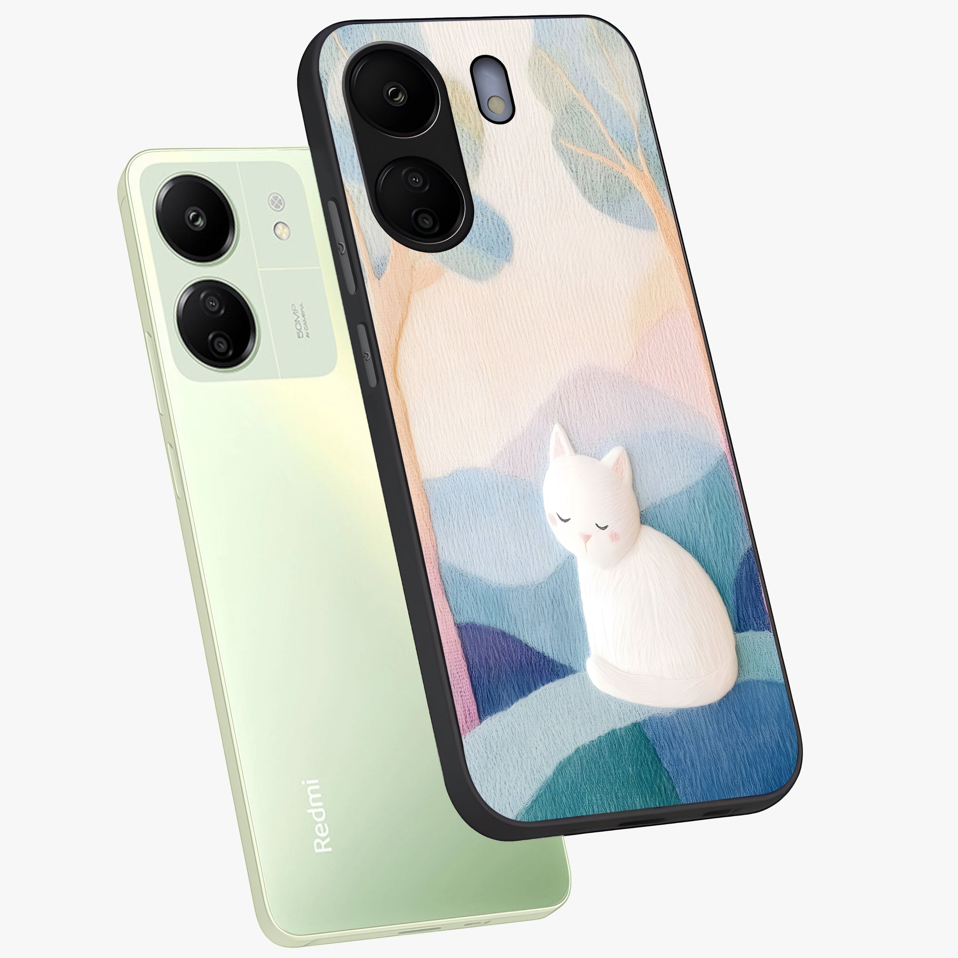 Cotton Dream Cat Glass Case displayed in angled mockup highlighting cute feline illustration with pastel aesthetic style.