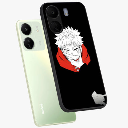 Crimson Chaos Smile Glass Case displayed in angled mockup highlighting edgy crimson smile design with graphic aesthetic.