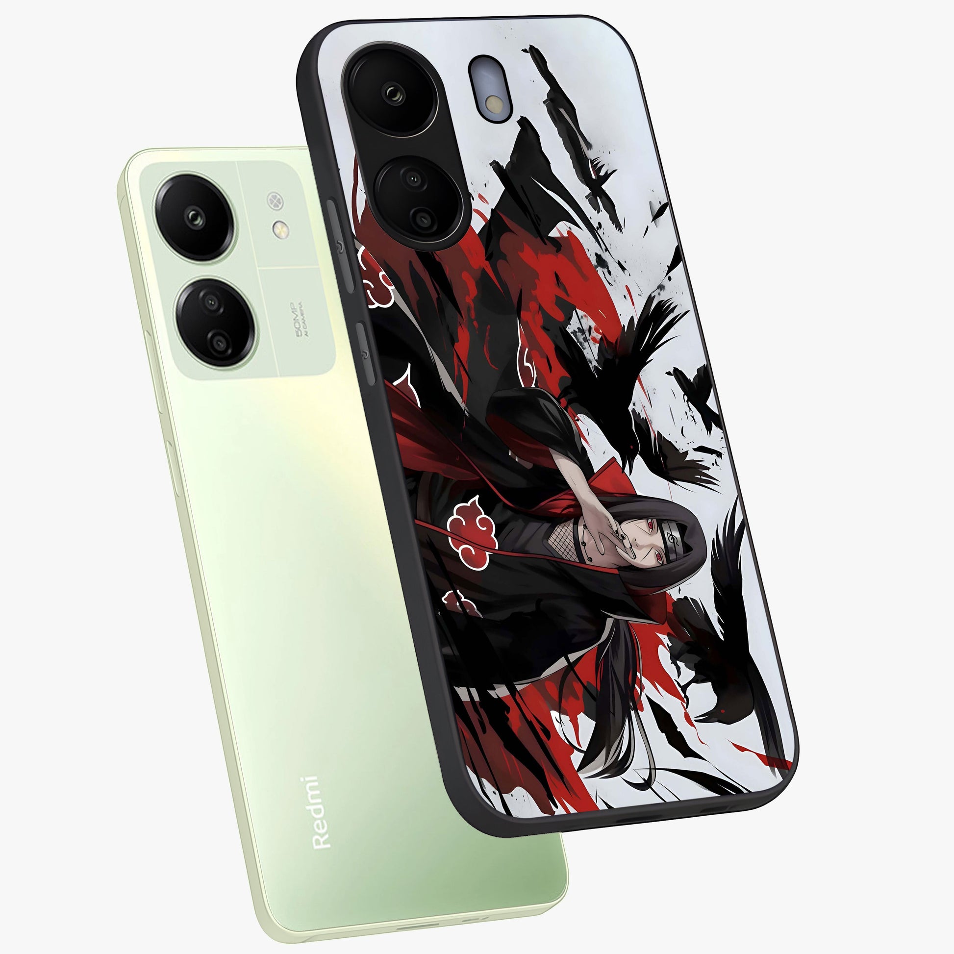 Crimson Crow Illusion Glass Case displayed in angled mockup highlighting mysterious crow graphic with dark aesthetic style.
