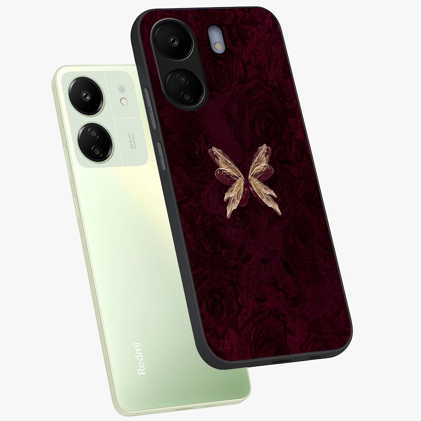 Crimson Fade Butterfly Glass Case displayed in angled mockup highlighting elegant butterfly design with crimson gradient aesthetic.