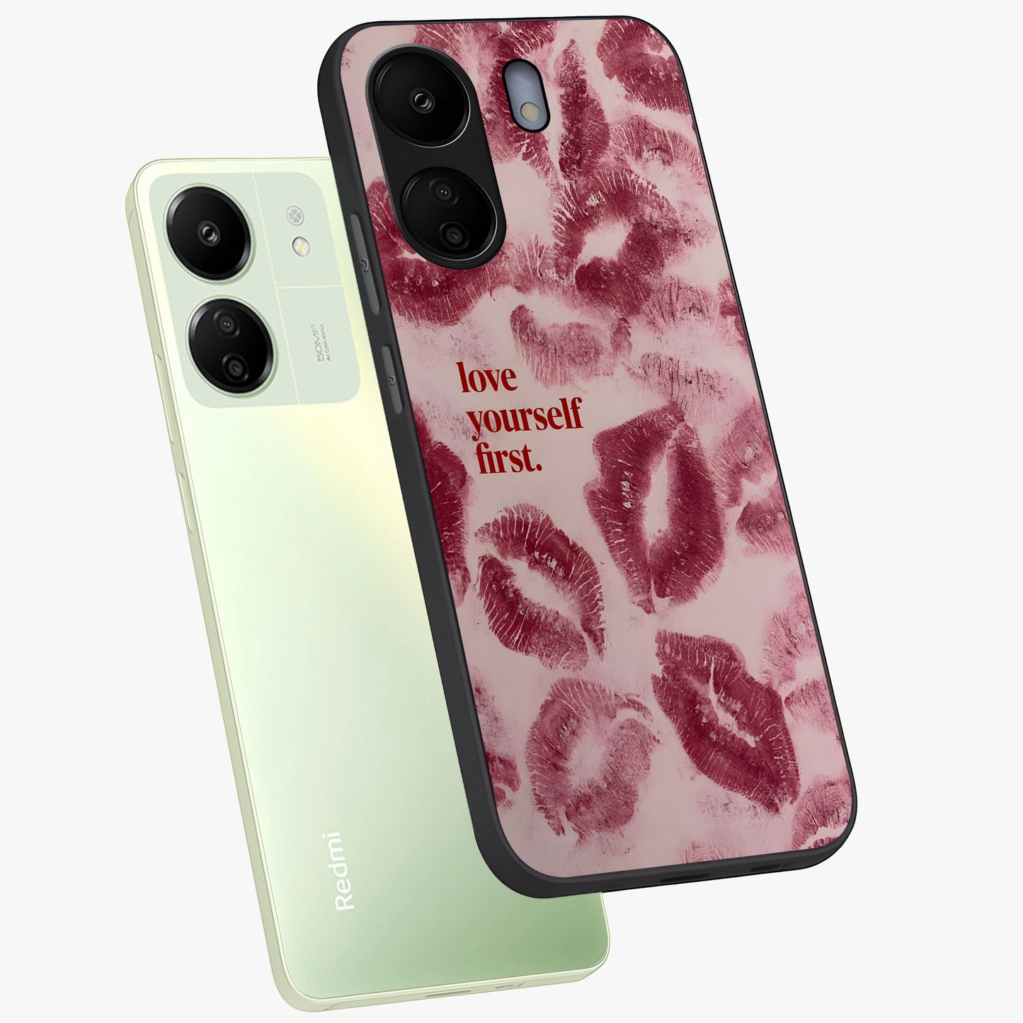 Crimson Kiss Love Glass Case displayed in angled mockup highlighting bold love inspired design with modern aesthetic style.