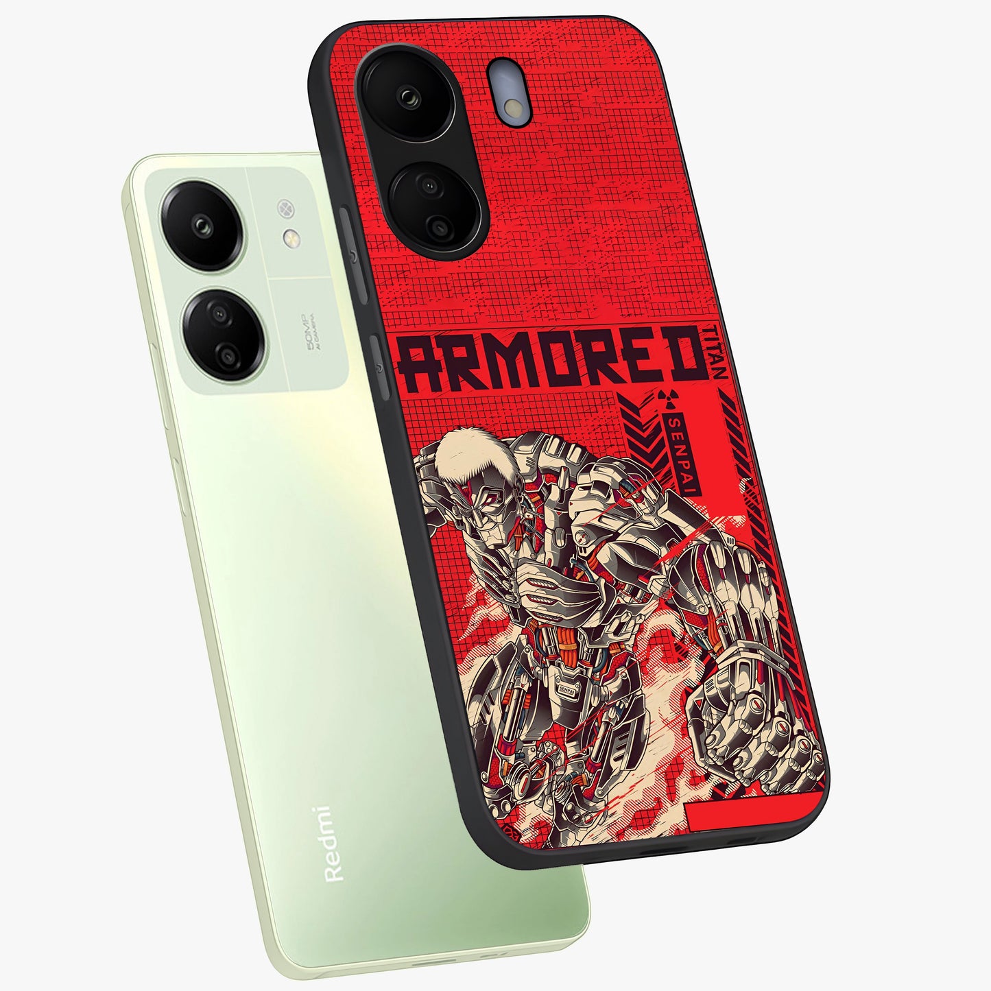Crimson Mecha Titan Glass Case displayed in angled mockup highlighting futuristic mech illustration with bold crimson aesthetic.