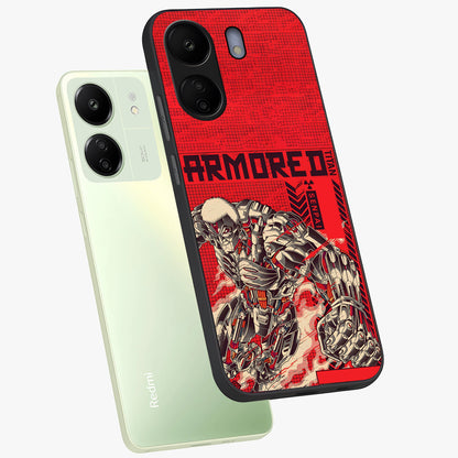 Crimson Mecha Titan Glass Case displayed in angled mockup highlighting futuristic mech illustration with bold crimson aesthetic.