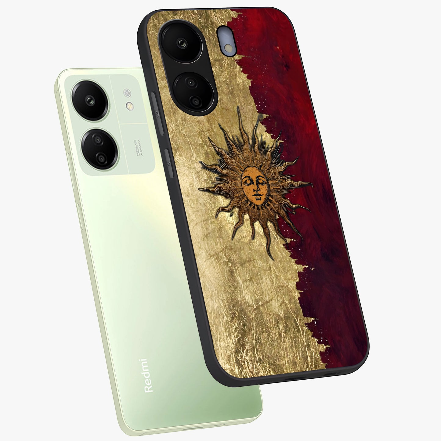 Crimson Sun Majesty Glass Case displayed in angled mockup highlighting majestic crimson sun design with bold aesthetic style.