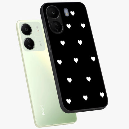 Cute And Simple White Hearts Glass Case displayed in angled mockup highlighting cute heart design with clean aesthetic style.