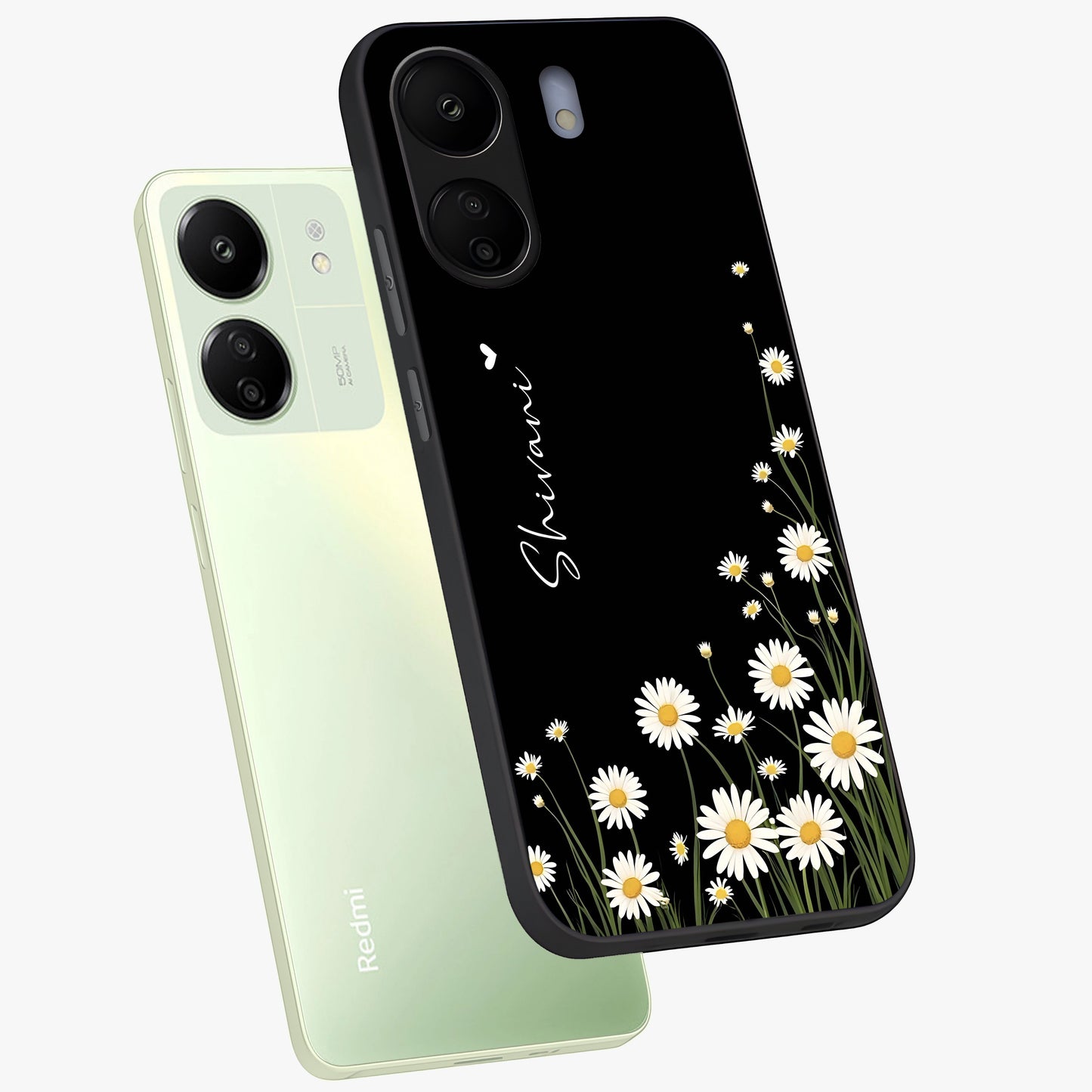 Daisy Cascade Custom Name Glass Case displayed in angled mockup highlighting delicate daisy artwork with custom name feature.