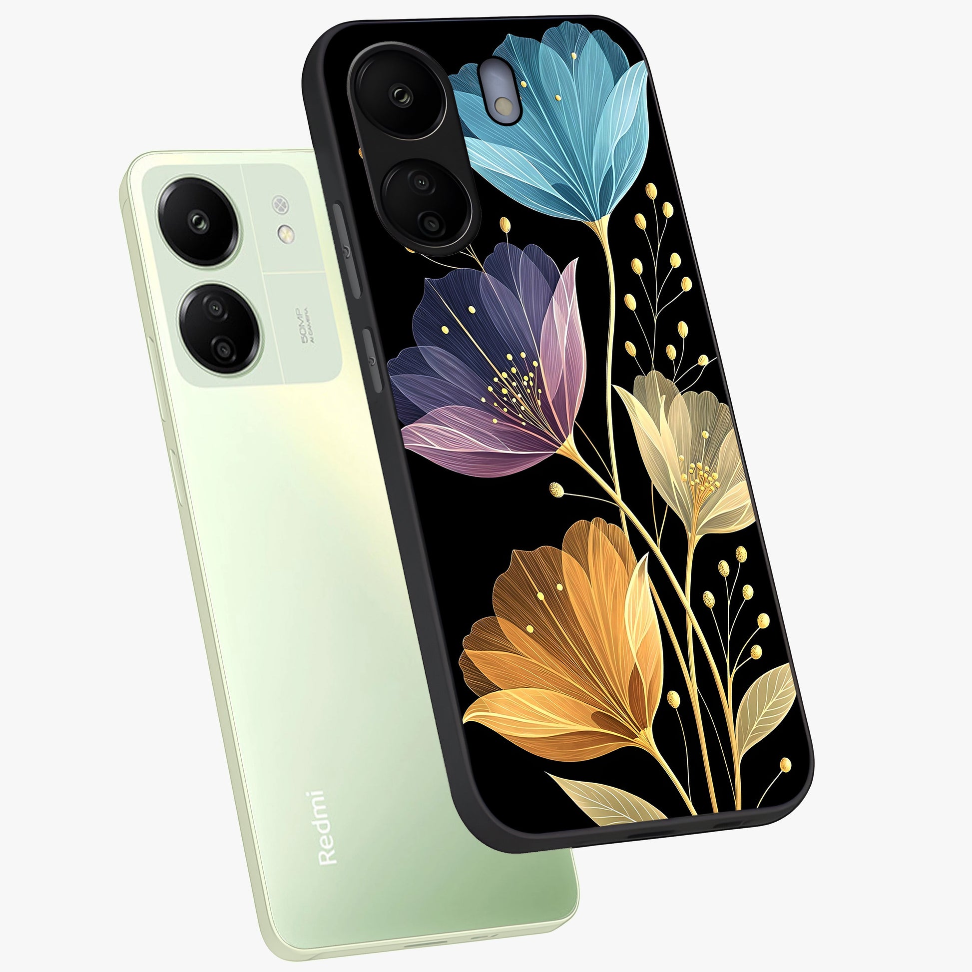 Delicate Multicolor Flowers Glass Case displayed in angled mockup highlighting colorful flower pattern with soft aesthetic style.