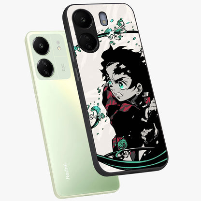 Demon Slayer Glass Case displayed in angled mockup highlighting dramatic anime character design with action aesthetic.