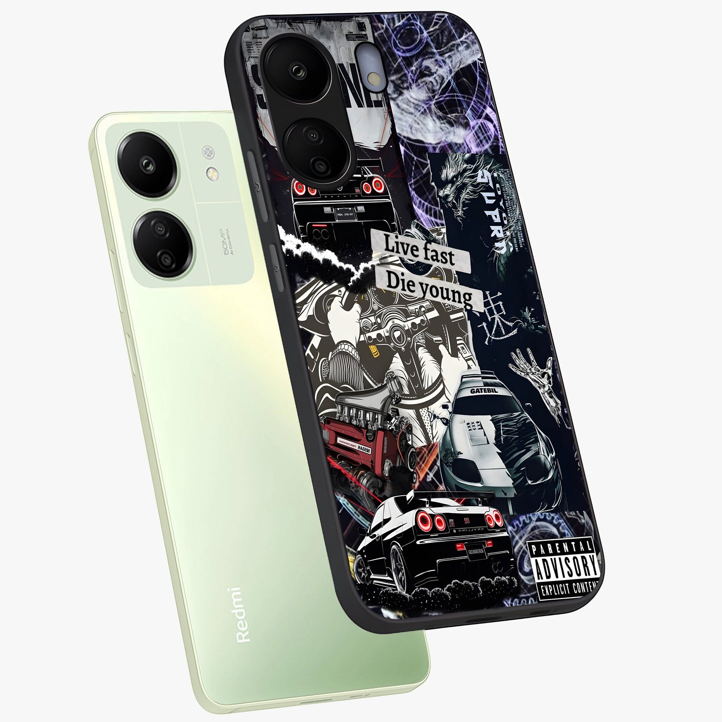 Die Young Glass Case displayed in angled mockup highlighting expressive graphic artwork with edgy aesthetic style.