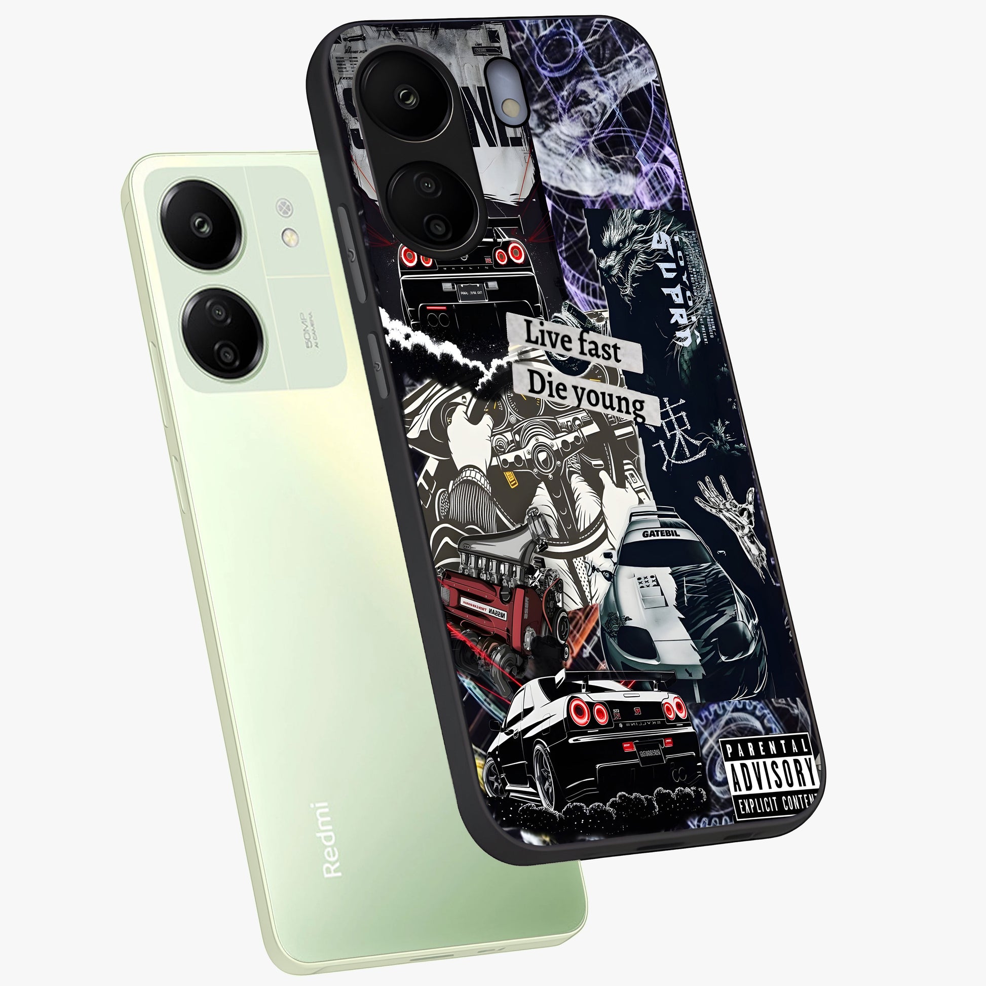 Die Young Glass Case displayed in angled mockup highlighting expressive graphic artwork with edgy aesthetic style.