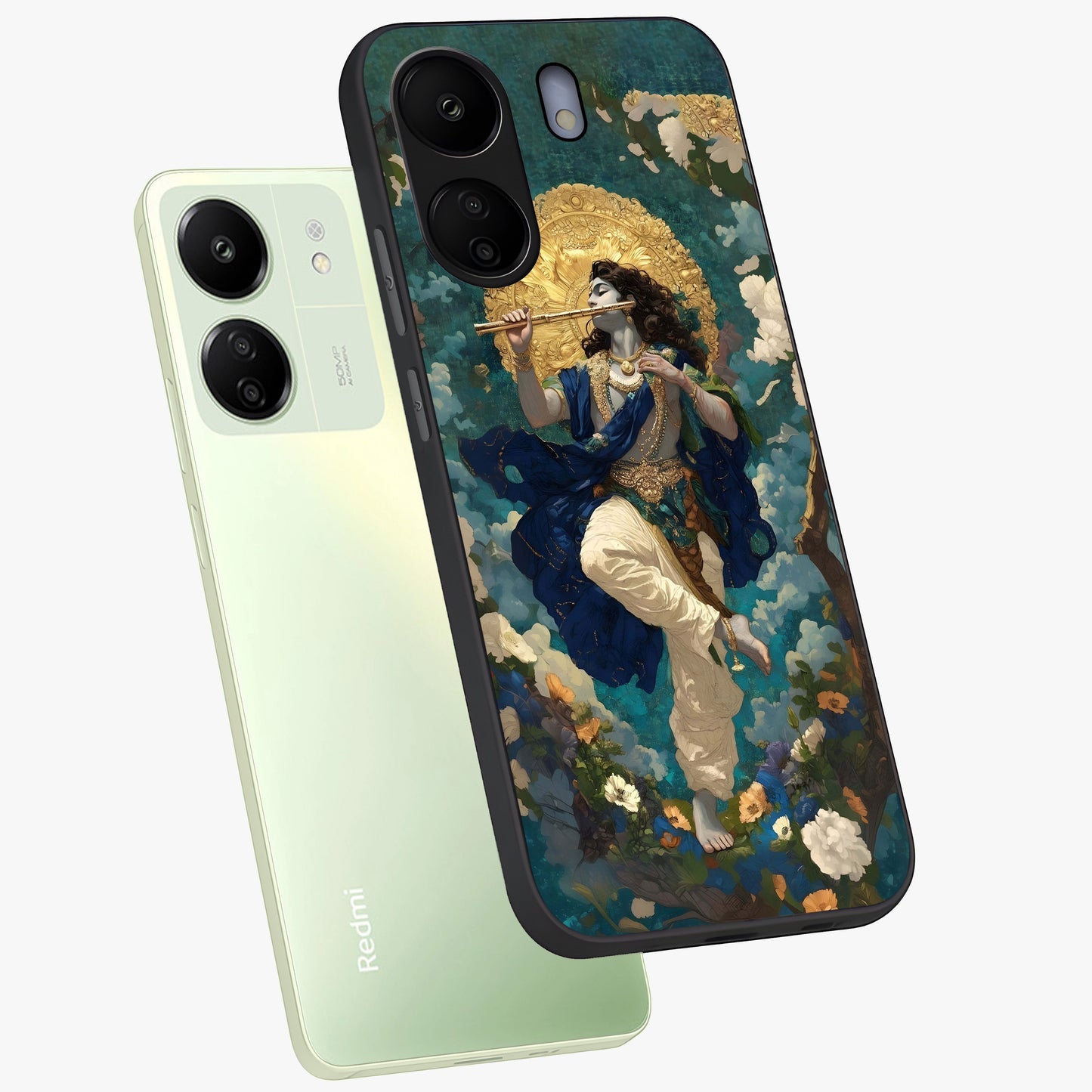 Divine Krishna Art Glass Case displayed in angled mockup highlighting spiritual Krishna illustration with devotional aesthetic.