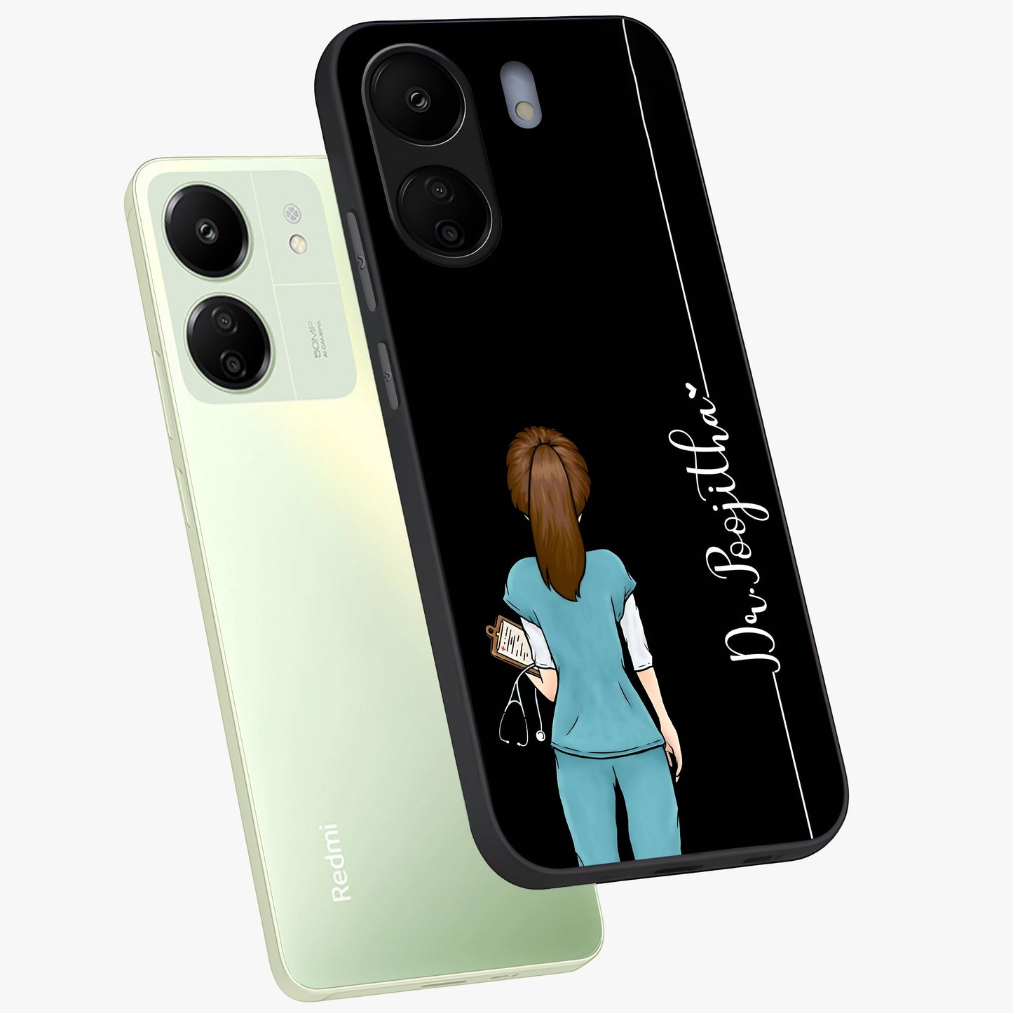 Doctor Pattern Custom Name Glass Case displayed in angled mockup highlighting doctor inspired artwork with custom name feature.