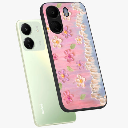 Dreamy Painted Garden Glass Case displayed in angled mockup highlighting colorful garden illustration with dreamy aesthetic style.