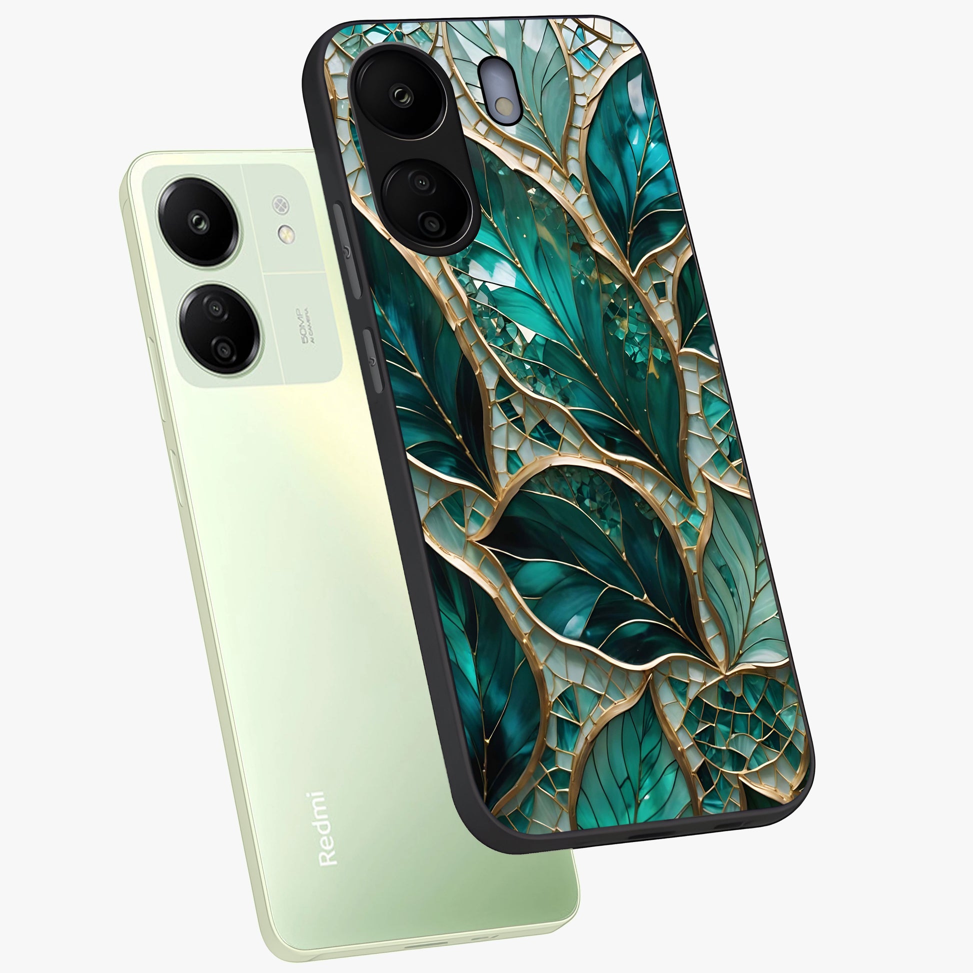 Emerald Leaf Glass Glass Case displayed in angled mockup highlighting botanical leaf illustration with elegant natural aesthetic.