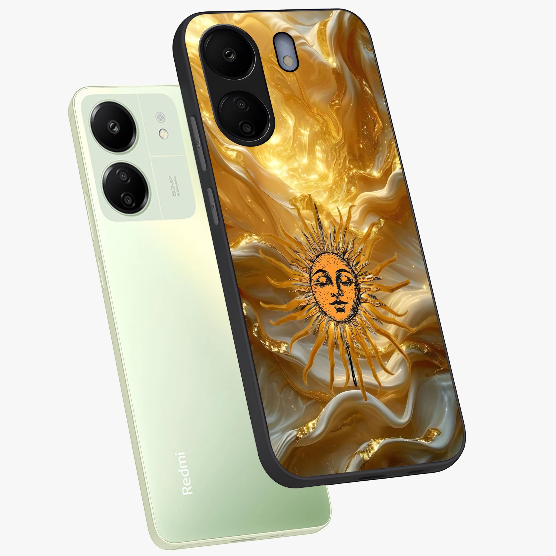 Eternal Golden Glow Glass Case displayed in angled mockup highlighting glowing golden aesthetic design with elegant style.