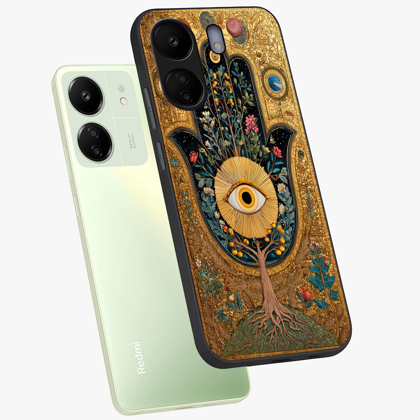Ethereal Evil Eye Glass Case displayed in angled mockup highlighting protective evil eye symbol with spiritual aesthetic design.