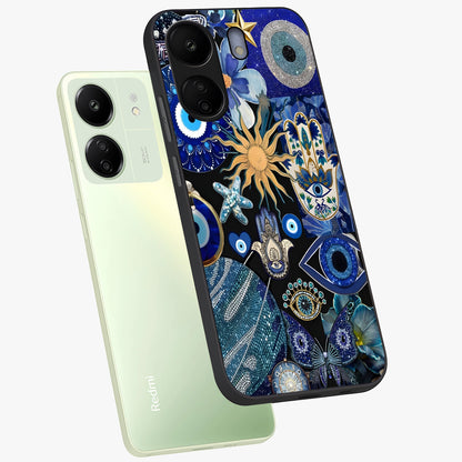Evil Eye Charm Mix Glass Case displayed in angled mockup highlighting protective evil eye symbols with spiritual aesthetic design.