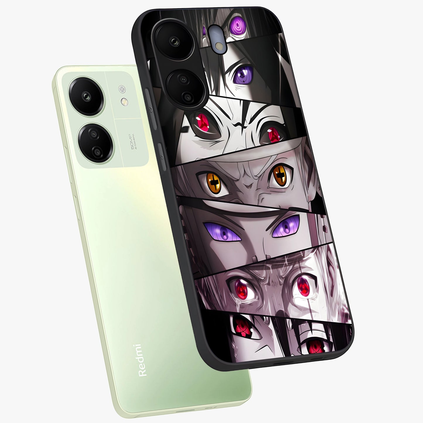 Eyes of Destiny Glass Case displayed in angled mockup highlighting bold eye illustration with mystical aesthetic style.