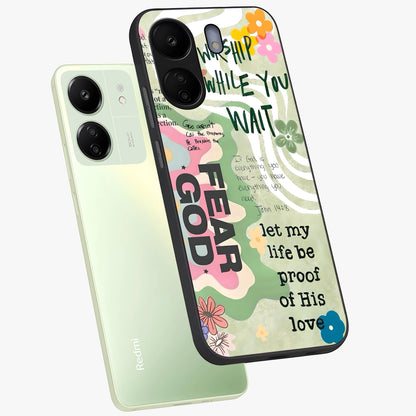 Faith Over Fear Glass Case displayed in angled mockup highlighting inspirational message design with modern aesthetic style.