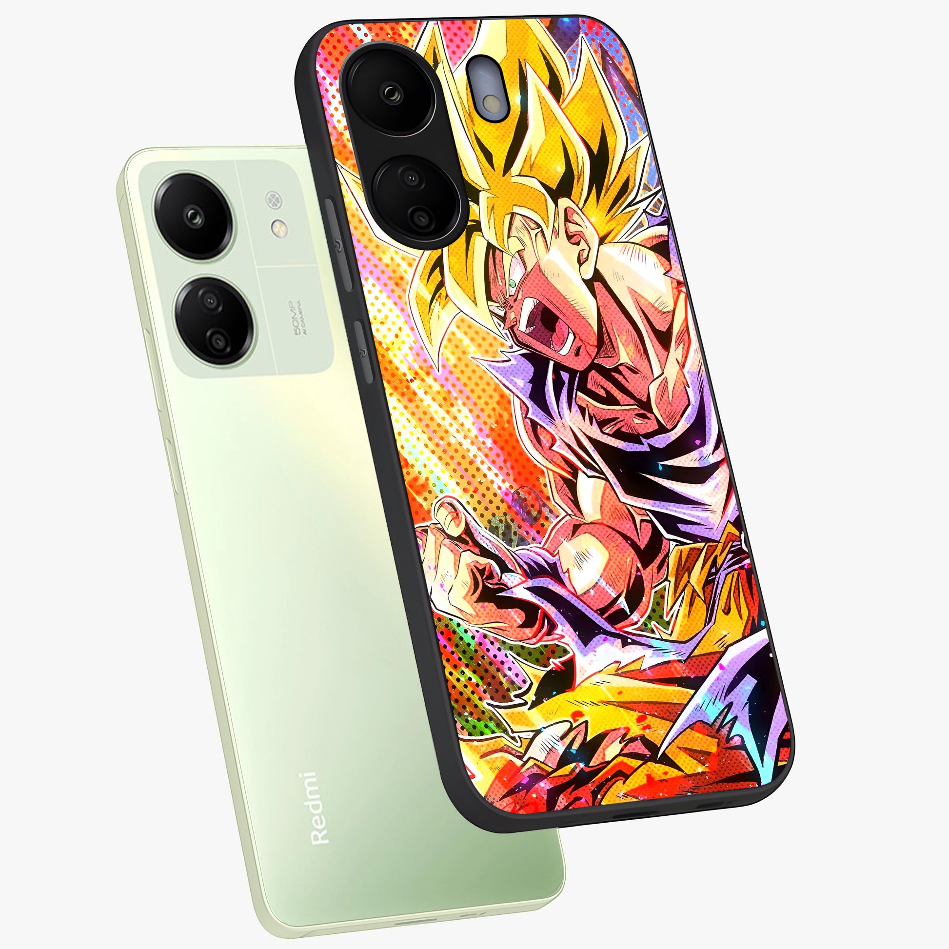 Firing Goku Glass Case displayed in angled mockup highlighting dynamic anime character design with action aesthetic.