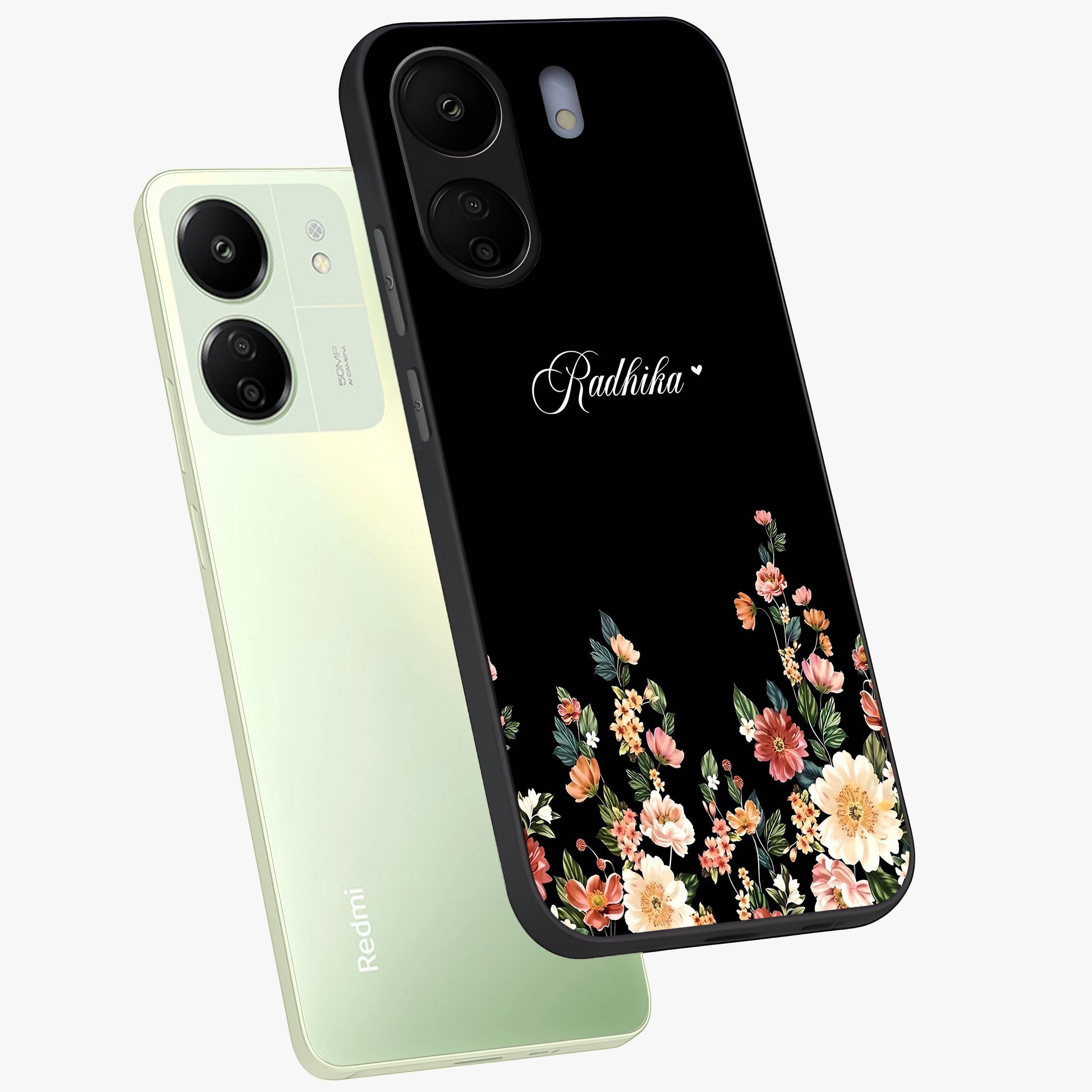 Floral Design With a Custom Personalized Name Glass Case displayed in angled mockup highlighting elegant floral pattern with custom name feature.