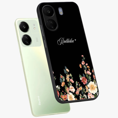 Floral Design With a Custom Personalized Name Glass Case displayed in angled mockup highlighting elegant floral pattern with custom name feature.