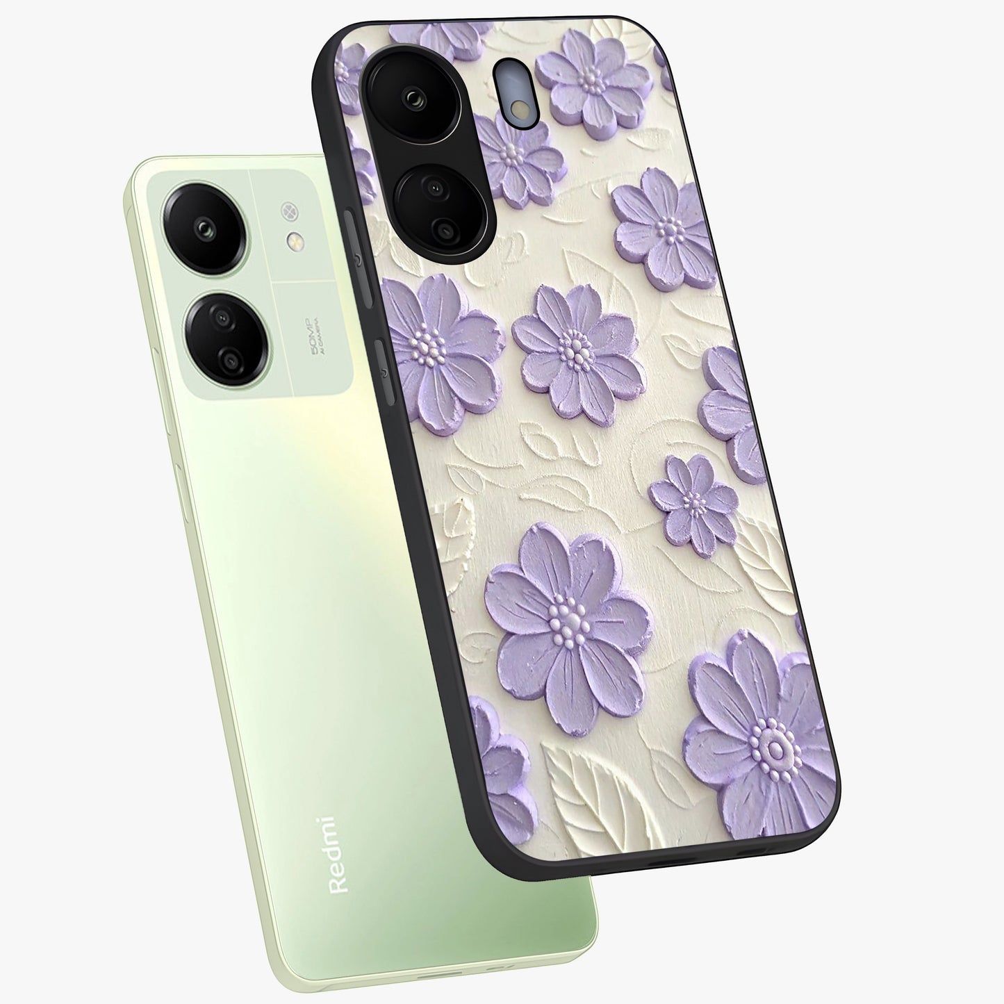 Floral Wall Art With Purple Flowers Glass Case displayed in angled mockup highlighting vibrant purple floral illustration with artistic aesthetic.