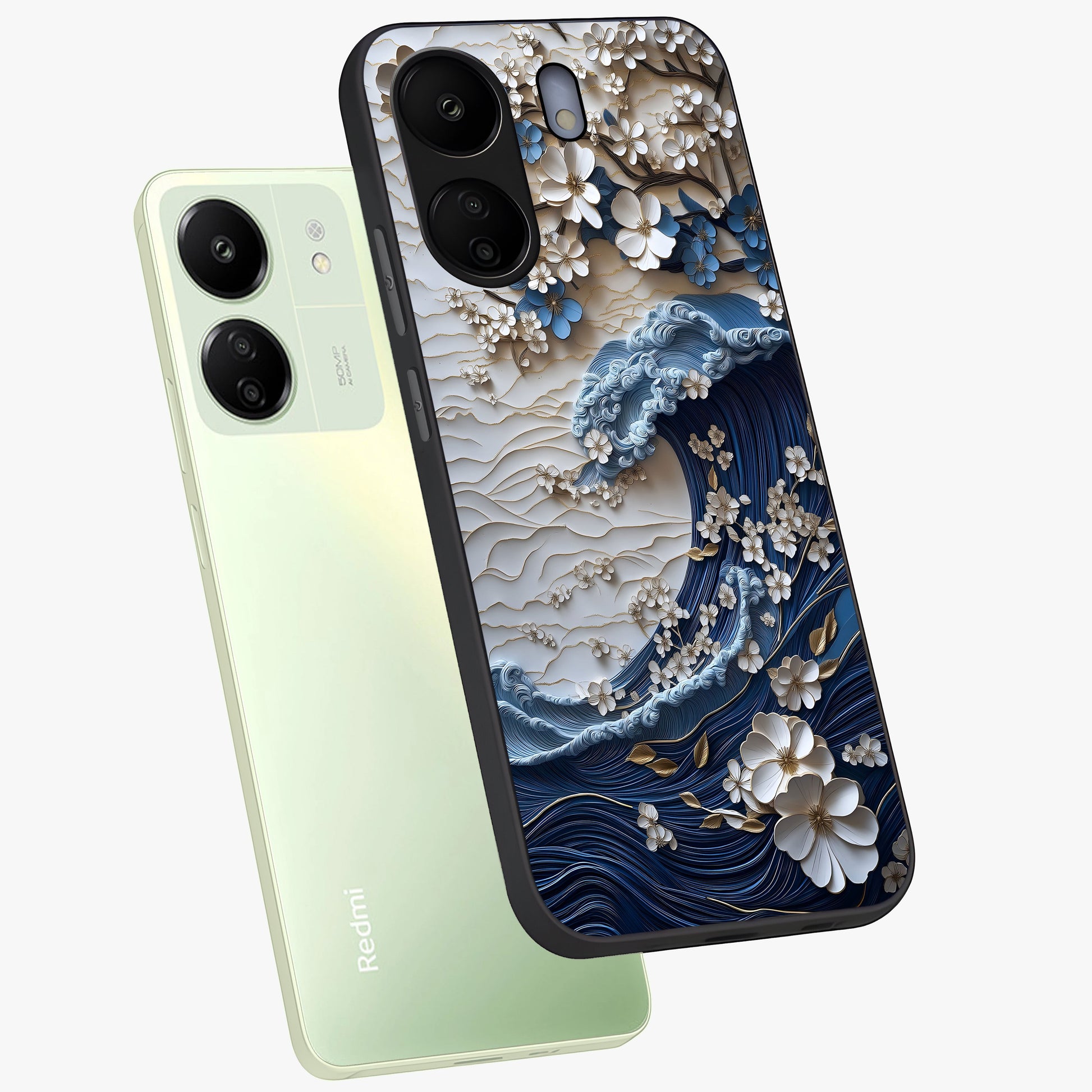 Floral Wave Origami Glass Case displayed in angled mockup highlighting geometric origami flower design with modern aesthetic style.