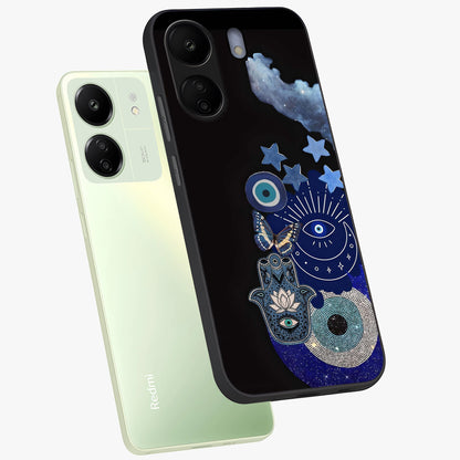 Galactic Charm Cluster Glass Case displayed in angled mockup highlighting luminous galaxy inspired design with dreamy aesthetic.