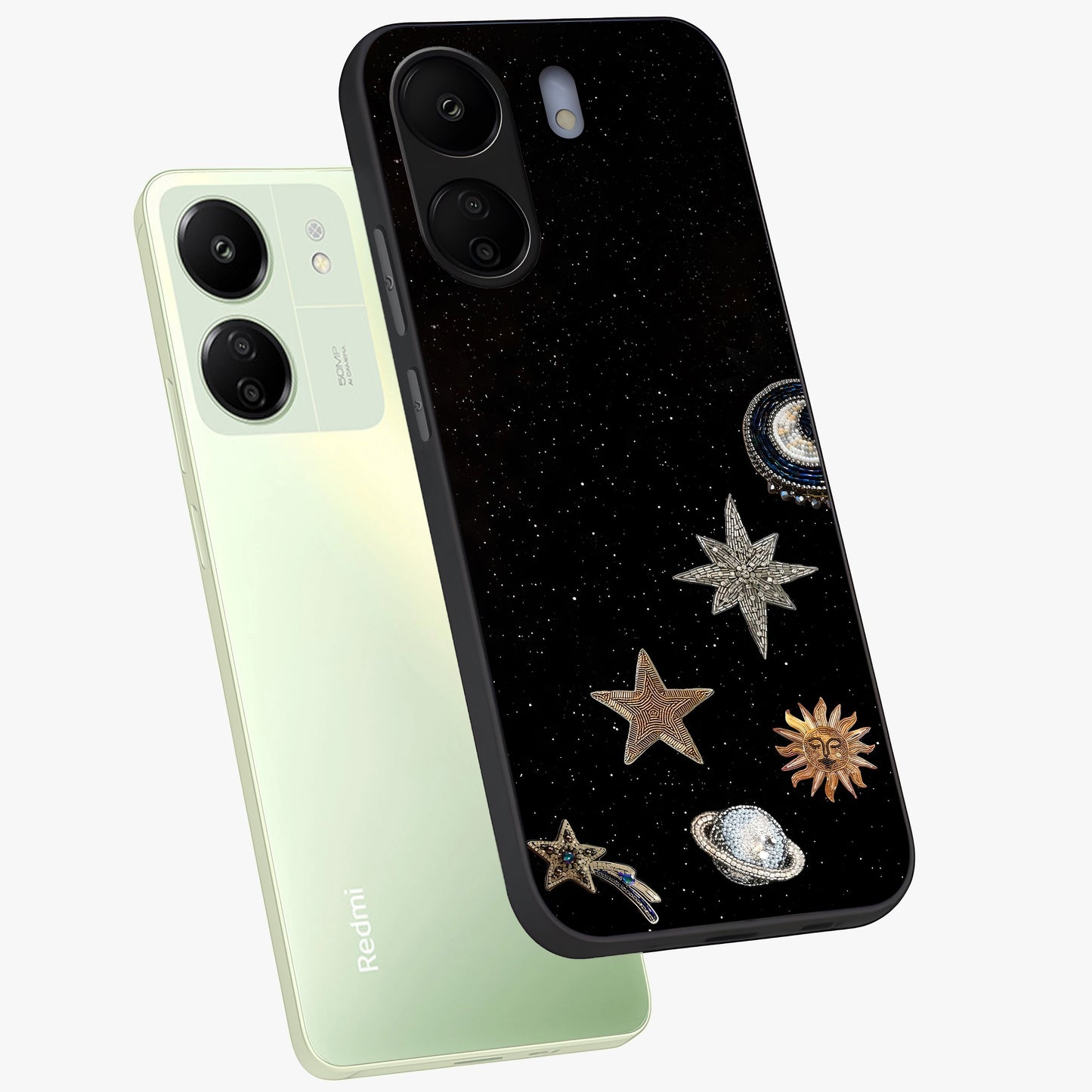 Galactic Charm Glow Glass Case displayed in angled mockup highlighting luminous galaxy inspired design with dreamy aesthetic.
