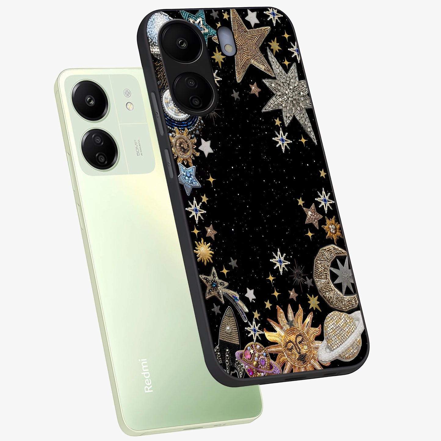 Galactic Jewel Stars Glass Case displayed in angled mockup highlighting shining celestial star design with cosmic aesthetic style.