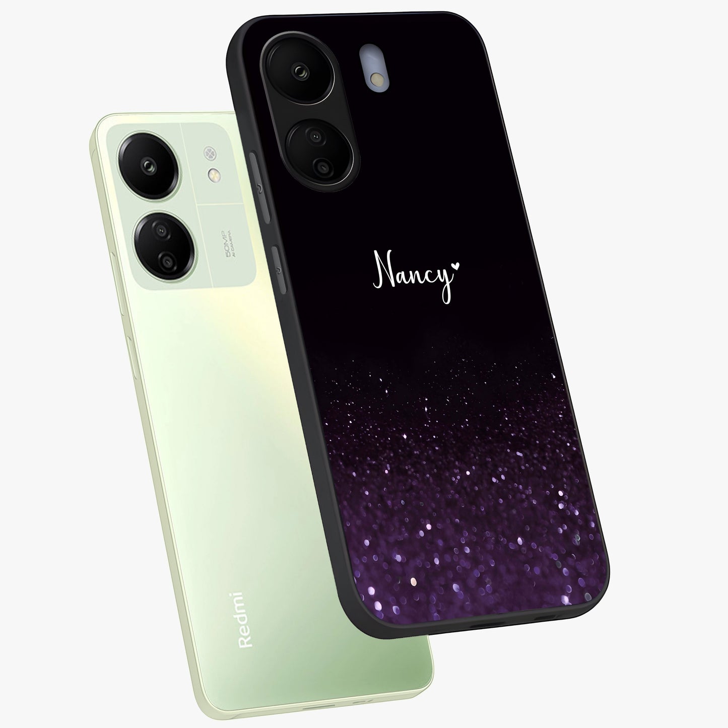 Glittery Purple Bokeh Custom Name Glass Case displayed in angled mockup highlighting glitter bokeh pattern with custom name feature.