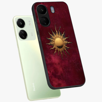 Golden Sun Minimalism Glass Case displayed in angled mockup highlighting clean sun symbol design with modern minimal aesthetic.