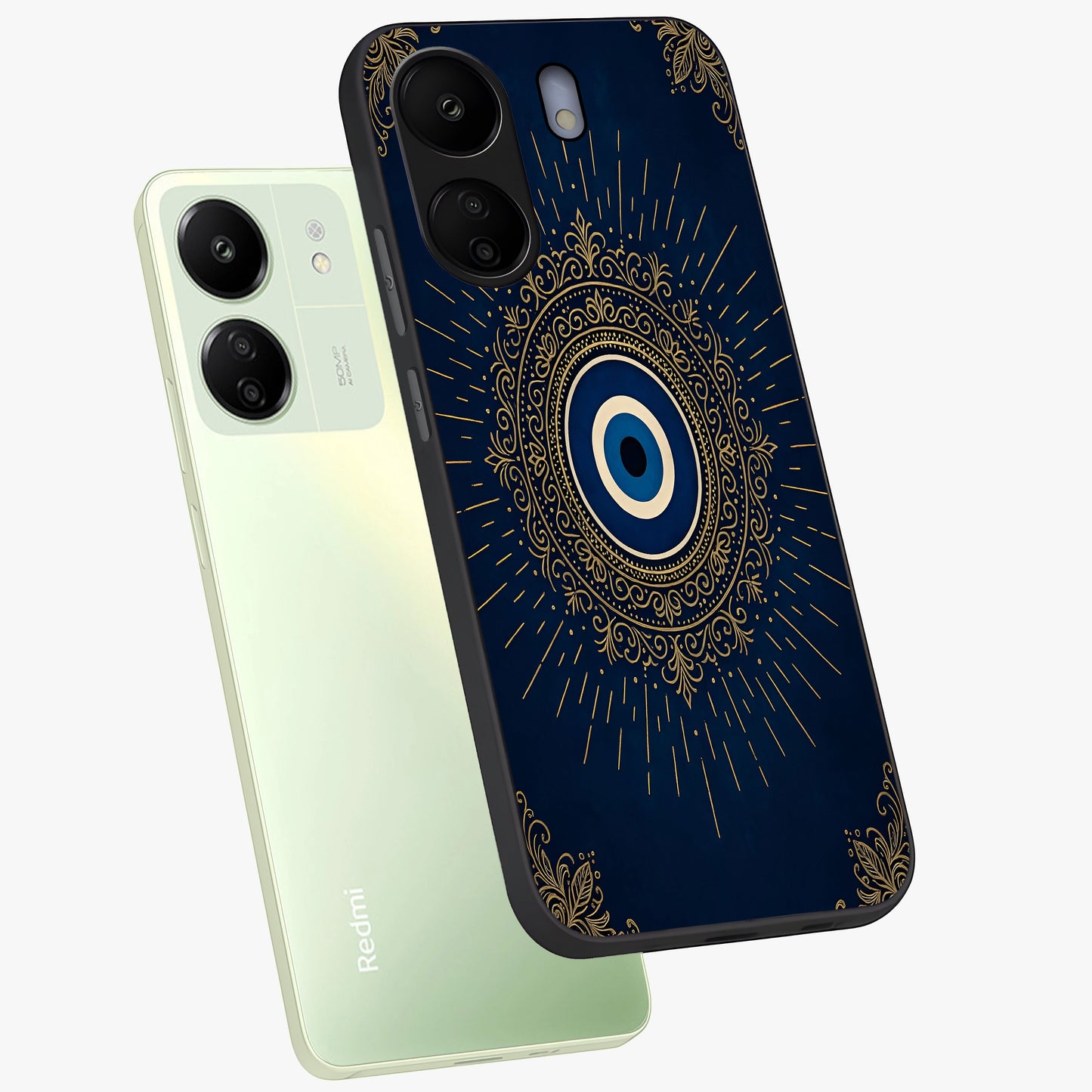 Golden Celestial Charm Glass Case displayed in angled mockup highlighting sparkling cosmic charm design with celestial aesthetic.