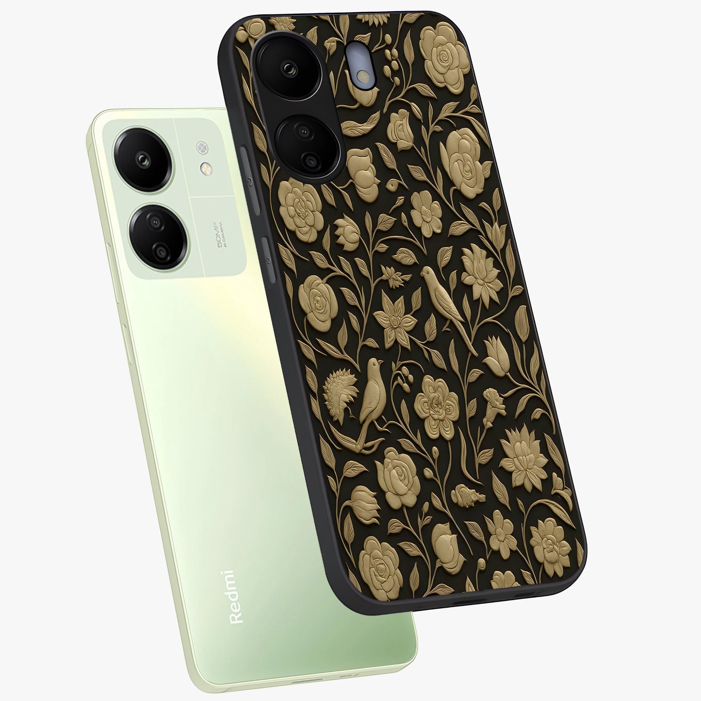 Golden Evil Eye Mandala Glass Case displayed in angled mockup highlighting protective evil eye symbol with golden mandala design.