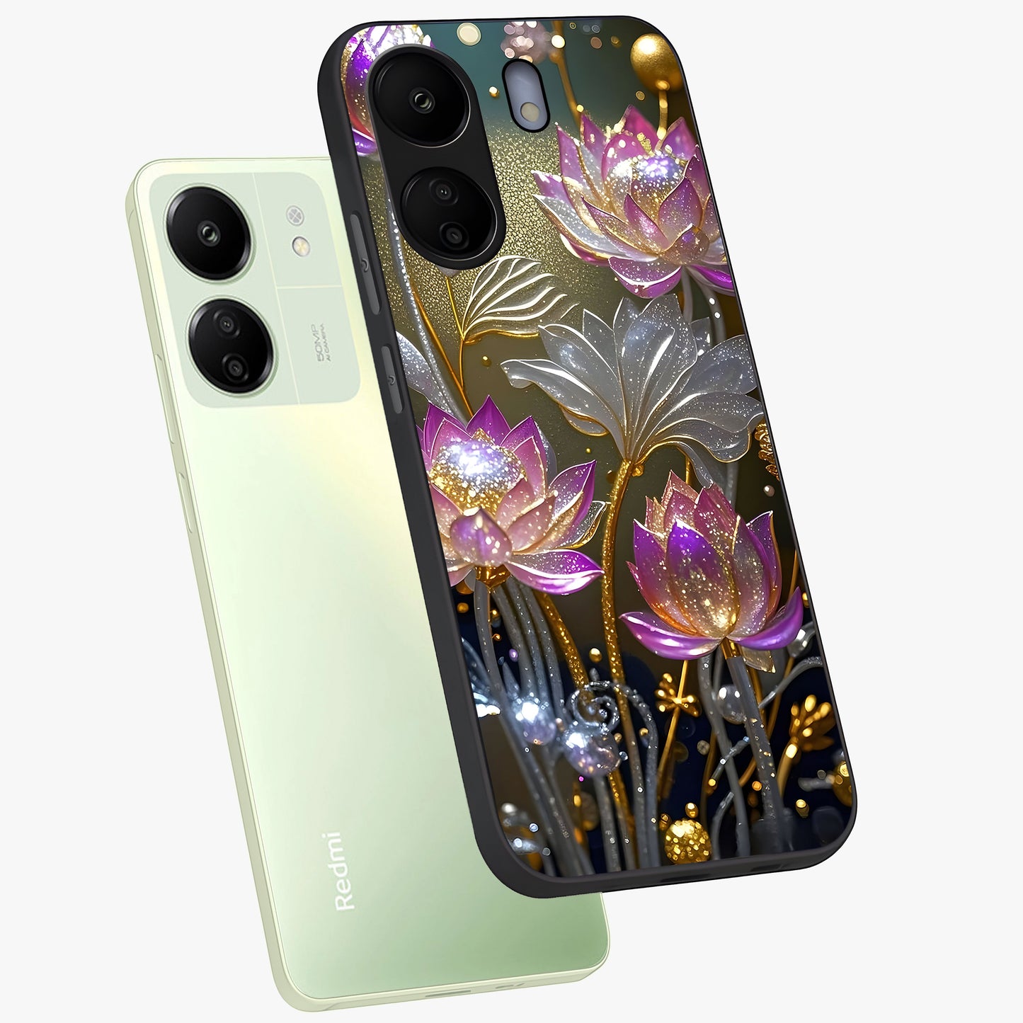 Golden Floral Majesty Glass Case displayed in angled mockup highlighting elegant flower design with royal golden aesthetic.