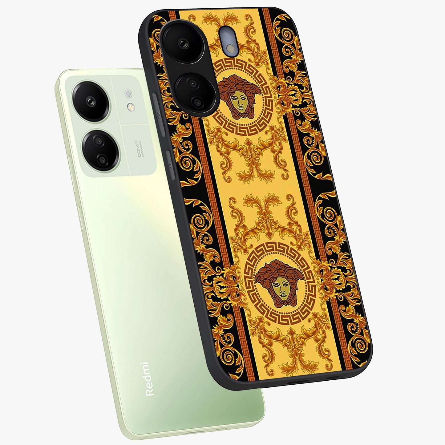 Golden Lotus Glow Glass Case displayed in angled mockup highlighting radiant lotus illustration with spiritual aesthetic.