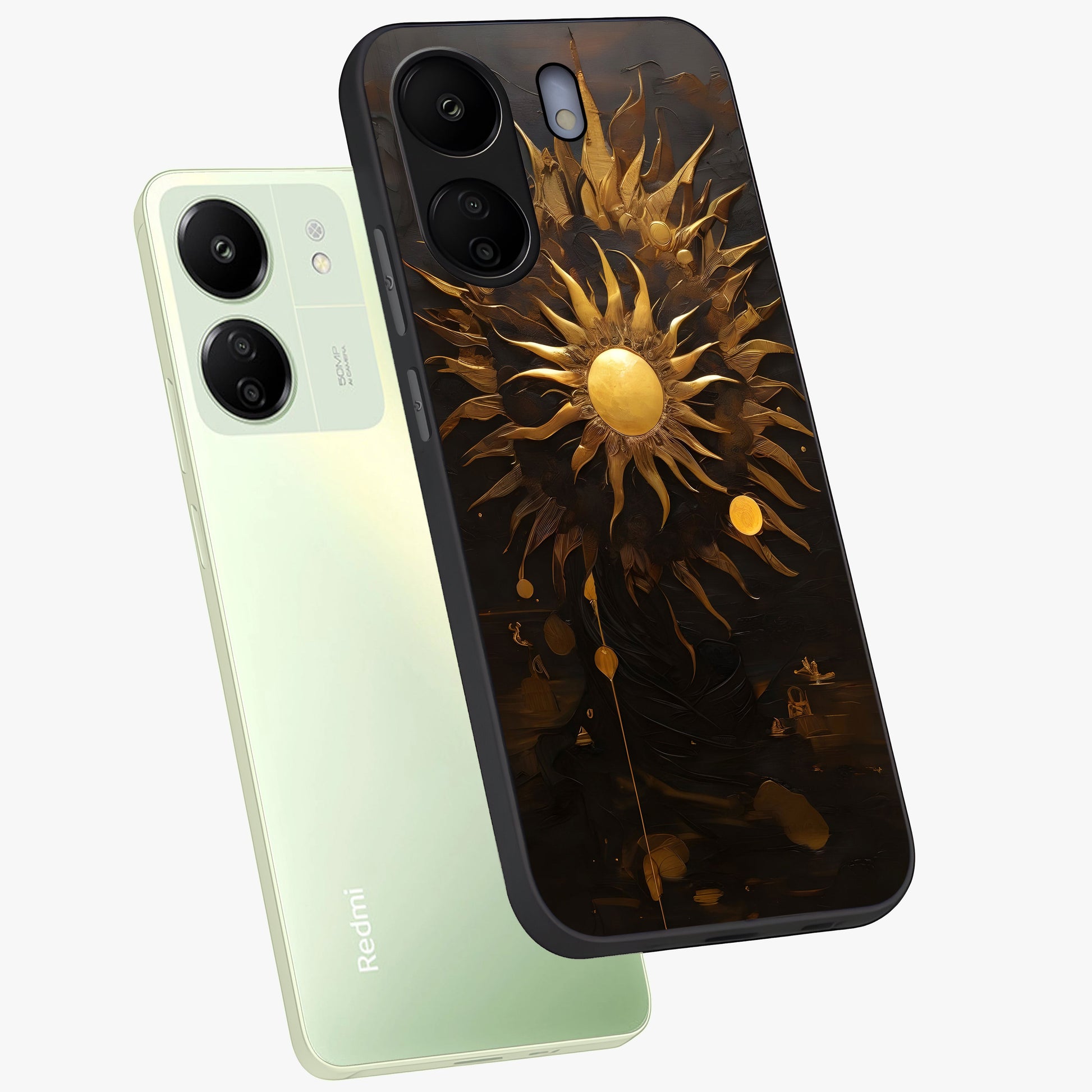 Golden Sun Majesty Glass Case displayed in angled mockup highlighting eerie shadow illustration with gothic aesthetic.