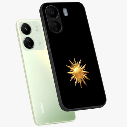 Golden Sun Minimalism Glass Case displayed in angled mockup highlighting eerie shadow illustration with gothic aesthetic.