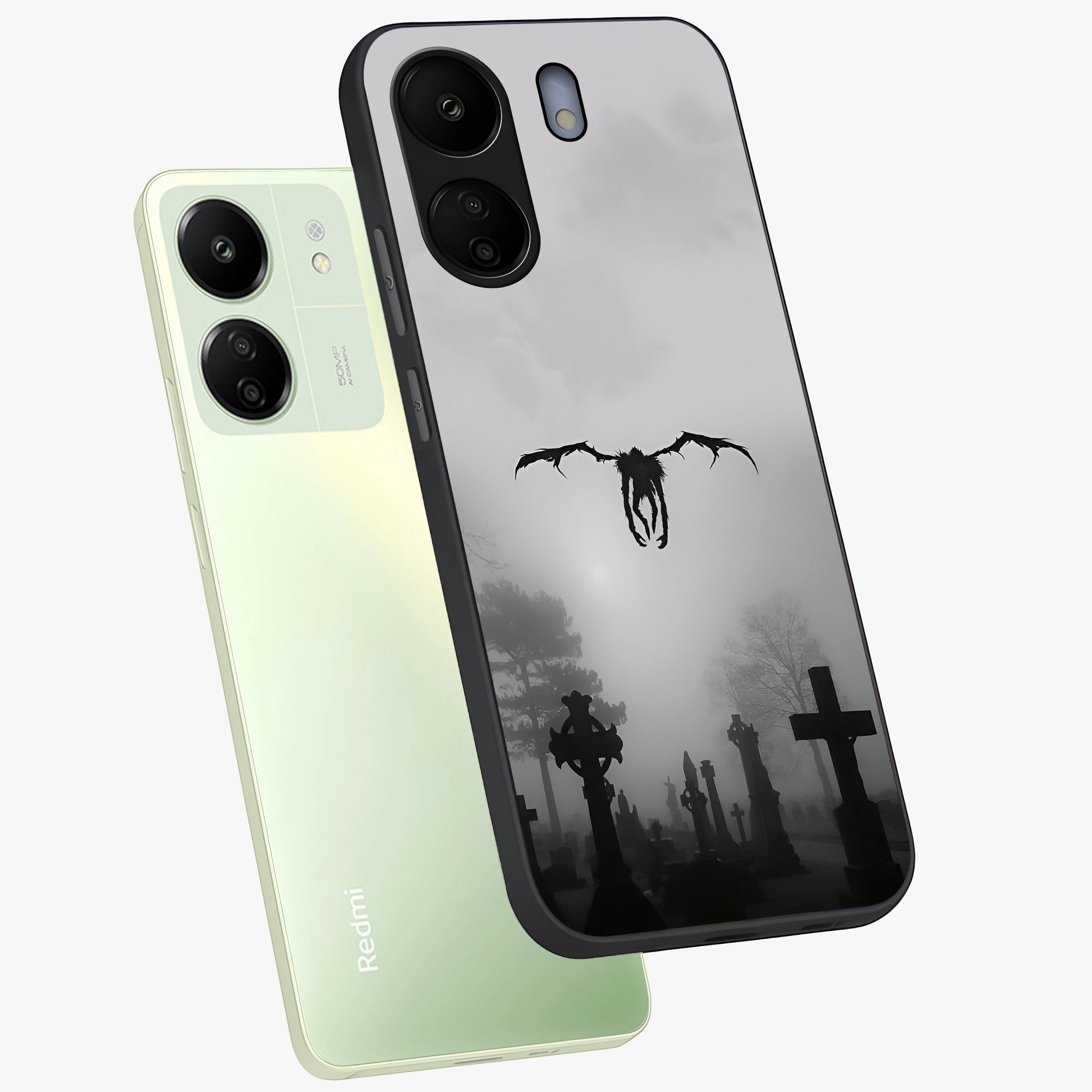 Graveyard Shadow Descent Glass Case displayed in angled mockup highlighting eerie shadow illustration with gothic aesthetic.